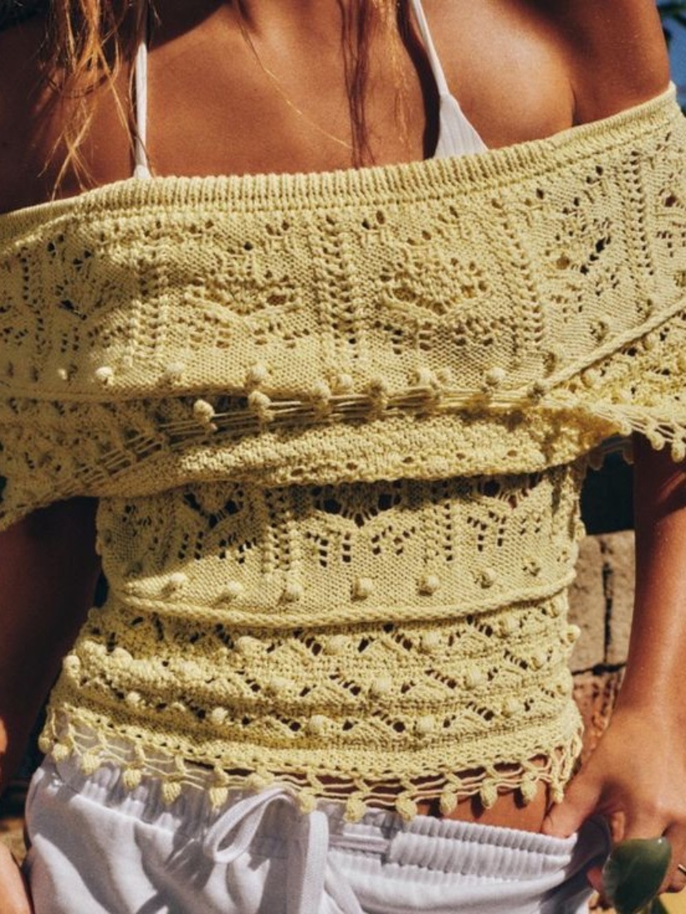 Zara Pale Yellow Off-Shoulder Crochet Knit Top